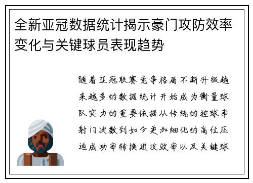 全新亚冠数据统计揭示豪门攻防效率变化与关键球员表现趋势
