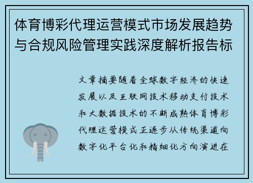 体育博彩代理运营模式市场发展趋势与合规风险管理实践深度解析报告标题建议
